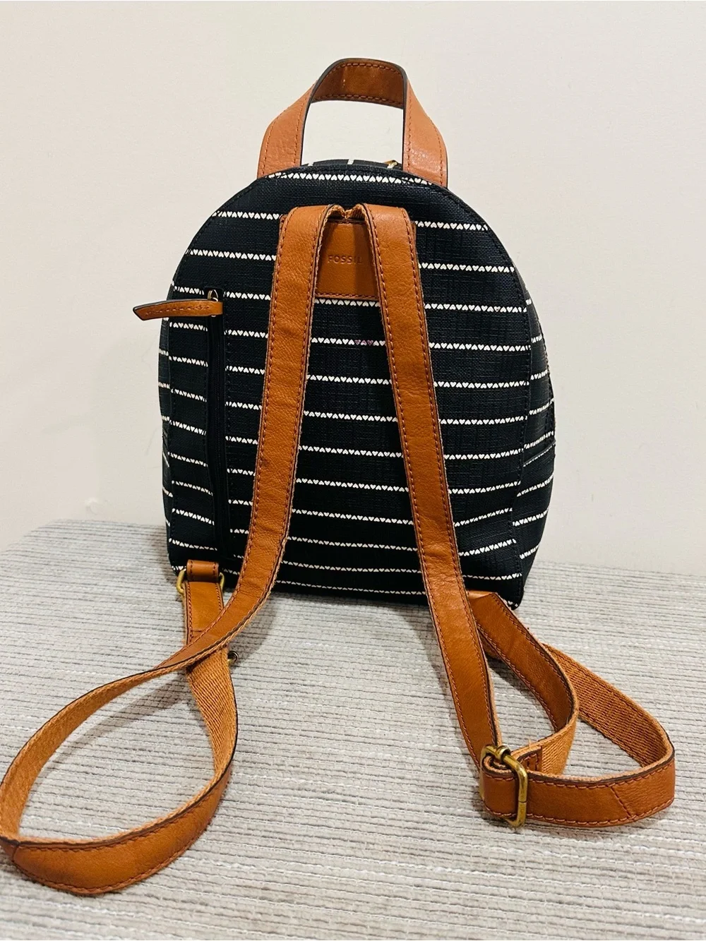 Fossil Megan Mini Backpack Black Striped Canvas Tan Leather Trim
